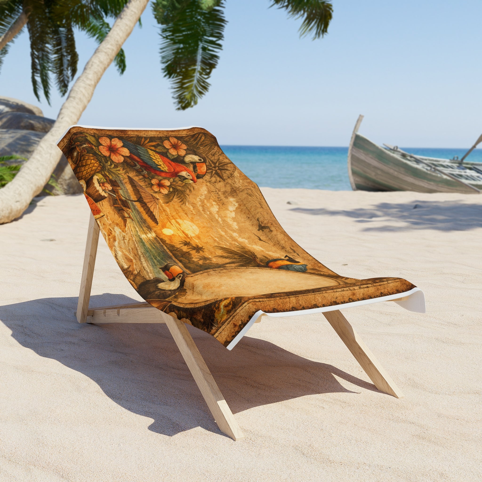 Vintage Tropical Beach Towel — Parrots, Pineapples & Sunset Oasis