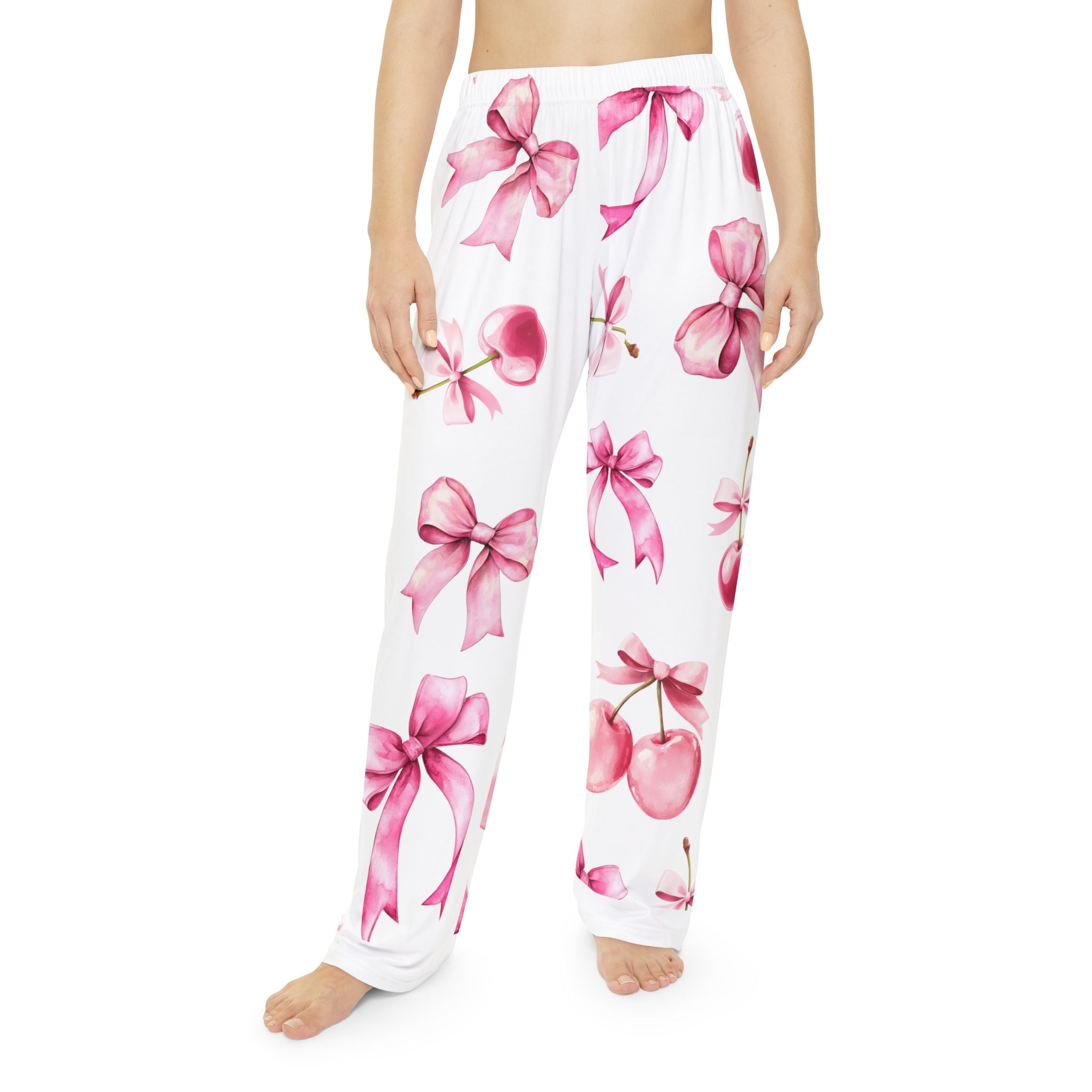 Cherry & Pink Bow Pajama Pants — Women's Cozy All-Over Print Lounge Pants
