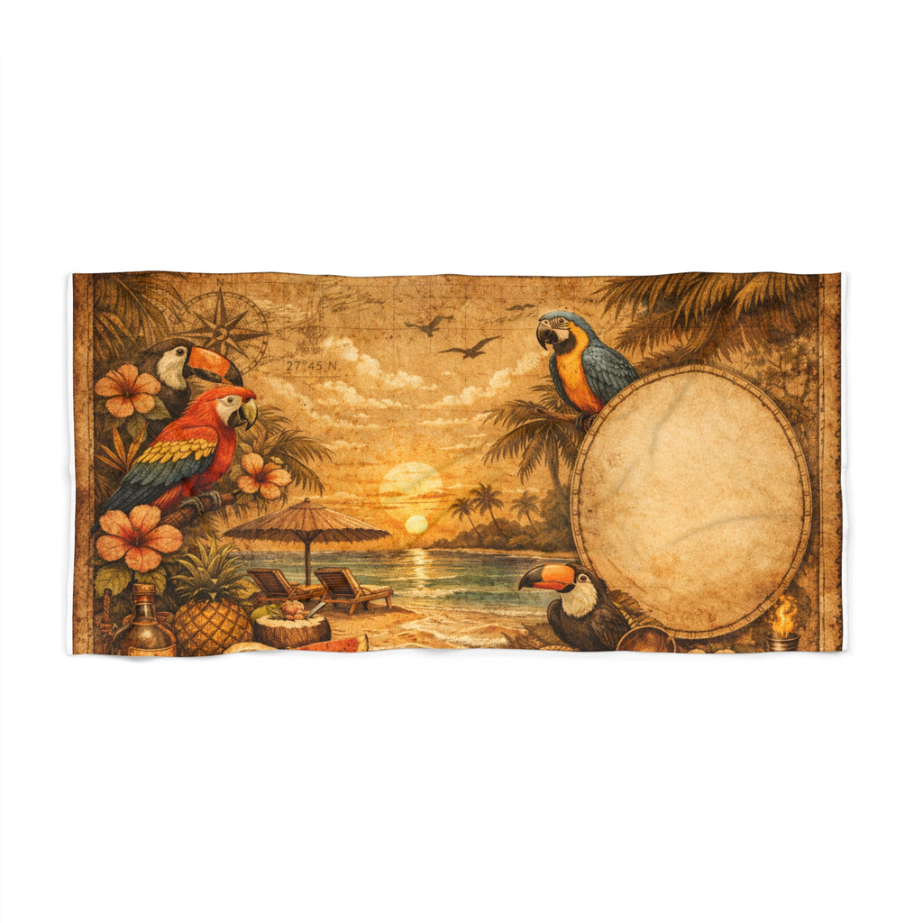 Vintage Tropical Beach Towel — Parrots, Pineapples & Sunset Oasis