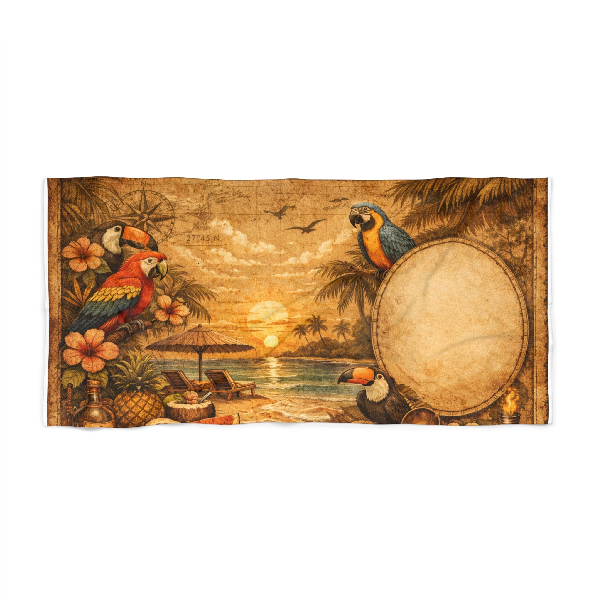 Vintage Tropical Beach Towel — Parrots, Pineapples & Sunset Oasis