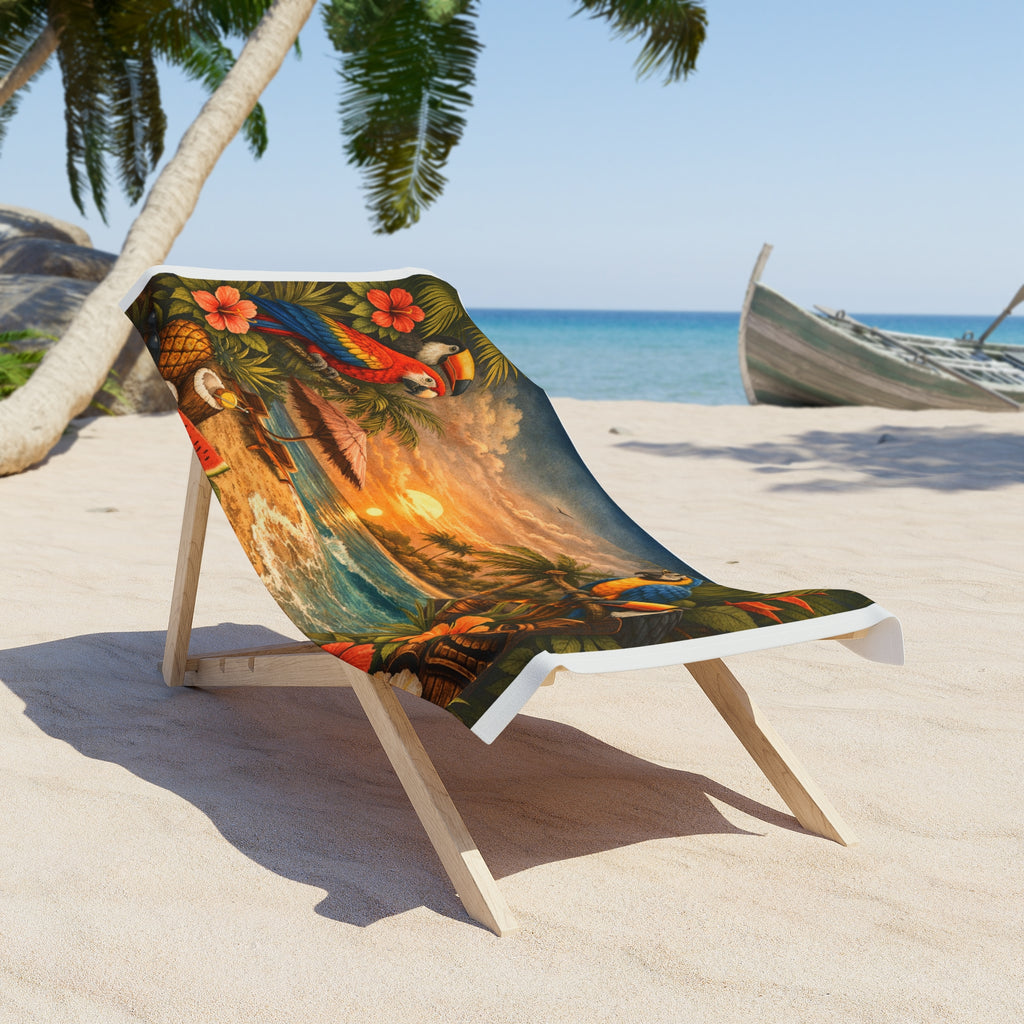Tropical Sunset Parrot Beach Towel — Hawaiian Luau Island Scene