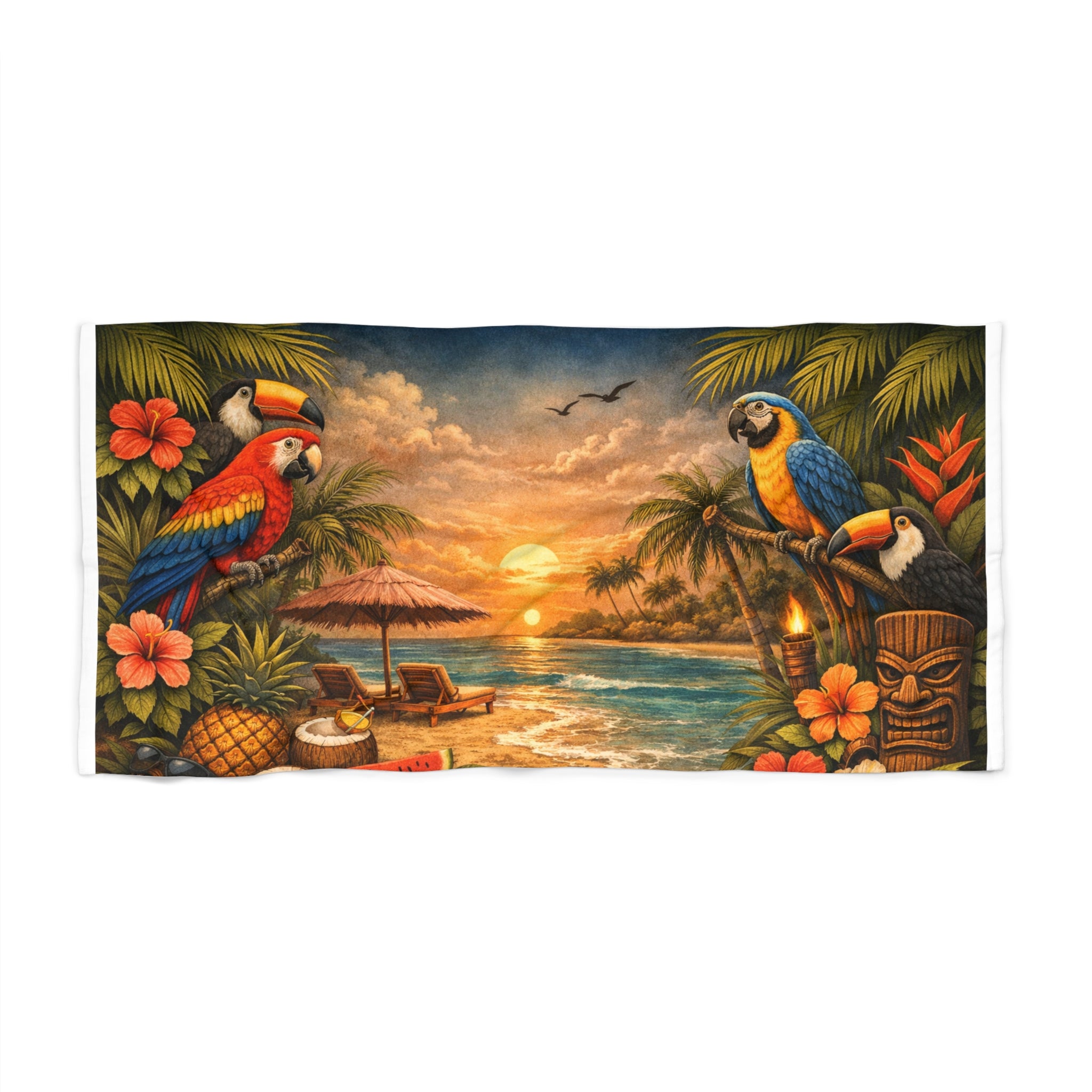 Tropical Sunset Parrot Beach Towel — Hawaiian Luau Island Scene