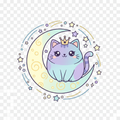 Cute kawaii cat sitting on crescent moon surrounded by stars