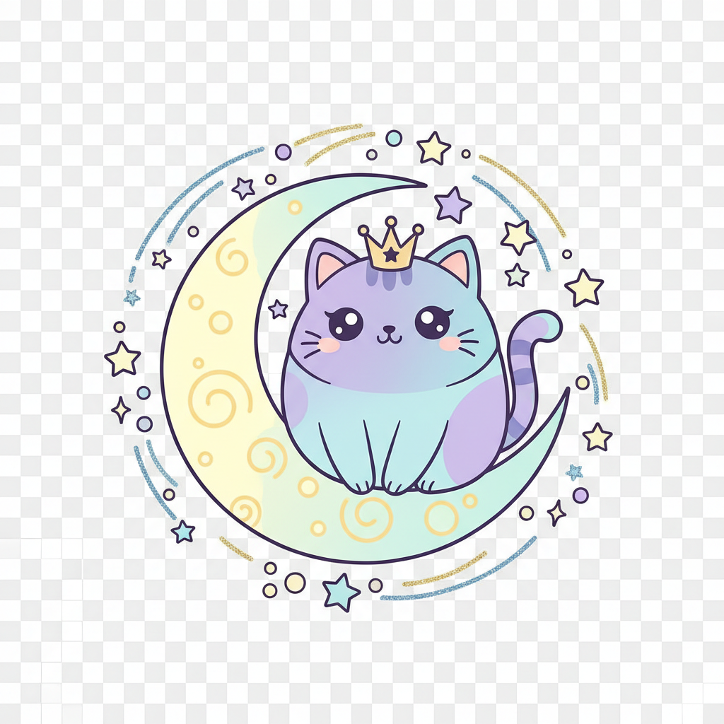 Cute kawaii cat sitting on crescent moon surrounded by stars