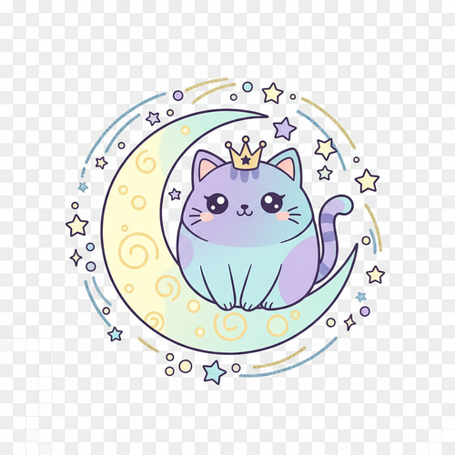 Cute kawaii cat sitting on crescent moon surrounded by stars